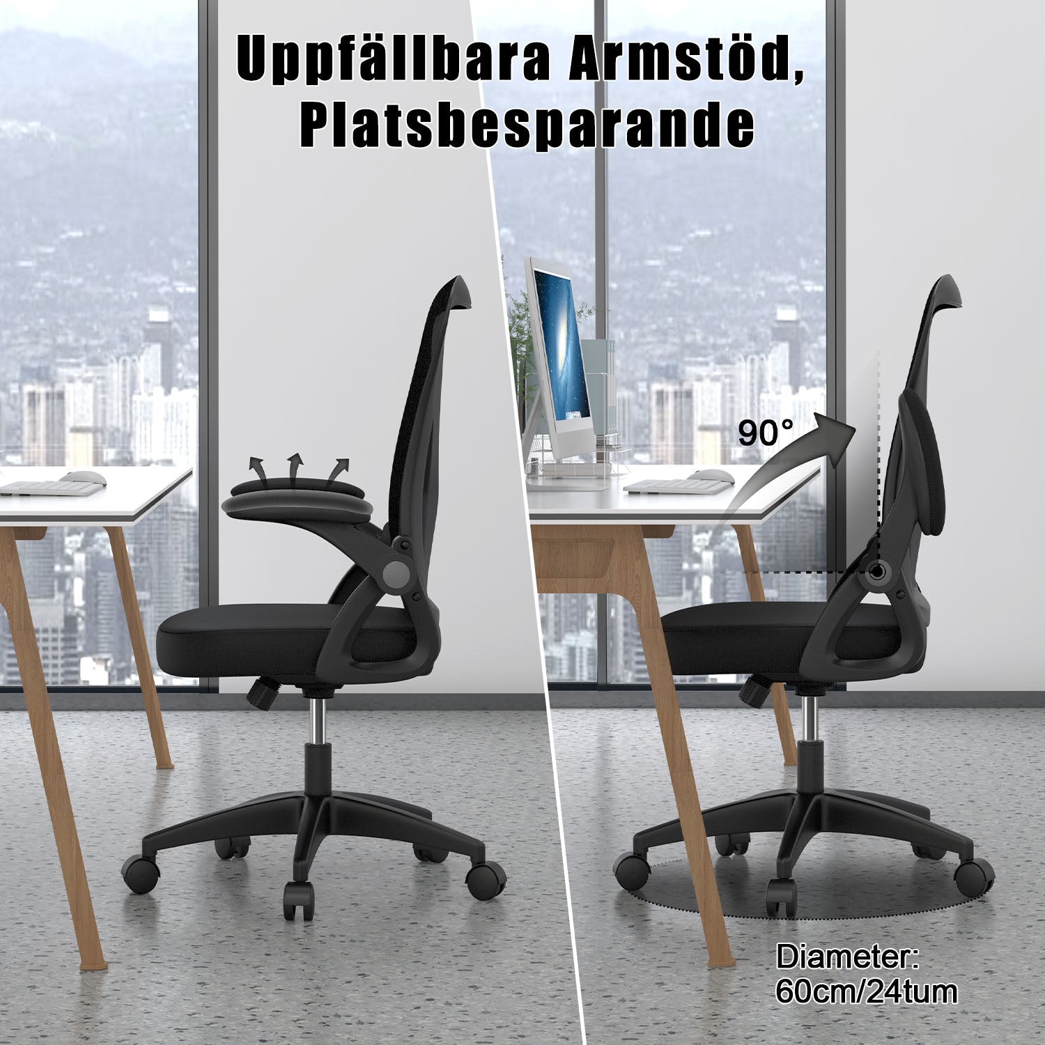 Kontorsstol Ergonomisk Skrivbordsstol med 90° Uppfällbart Armstöd, Höjdjusterbar Kontorsbordsstol