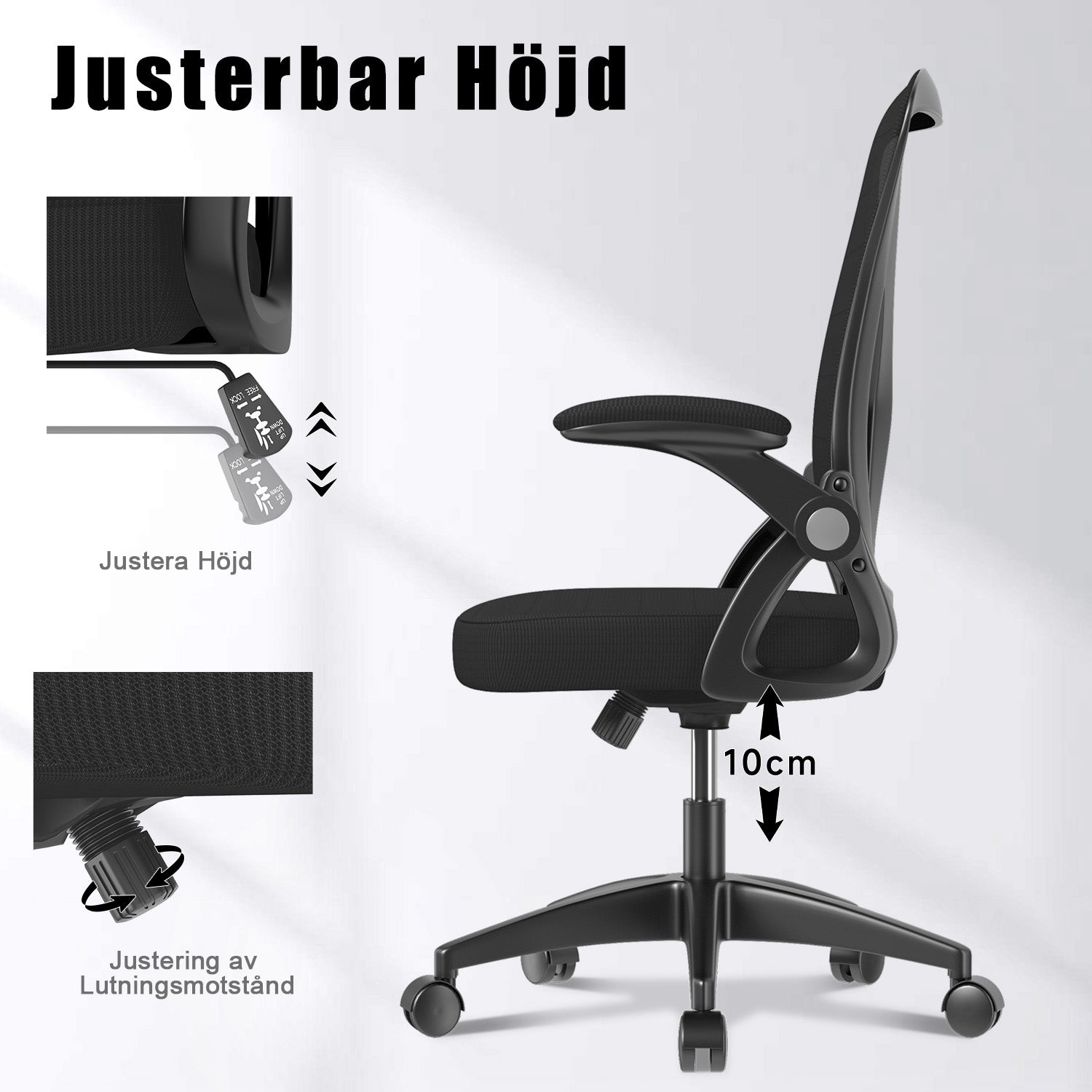 Kontorsstol Ergonomisk Skrivbordsstol med 90° Uppfällbart Armstöd, Höjdjusterbar Kontorsbordsstol