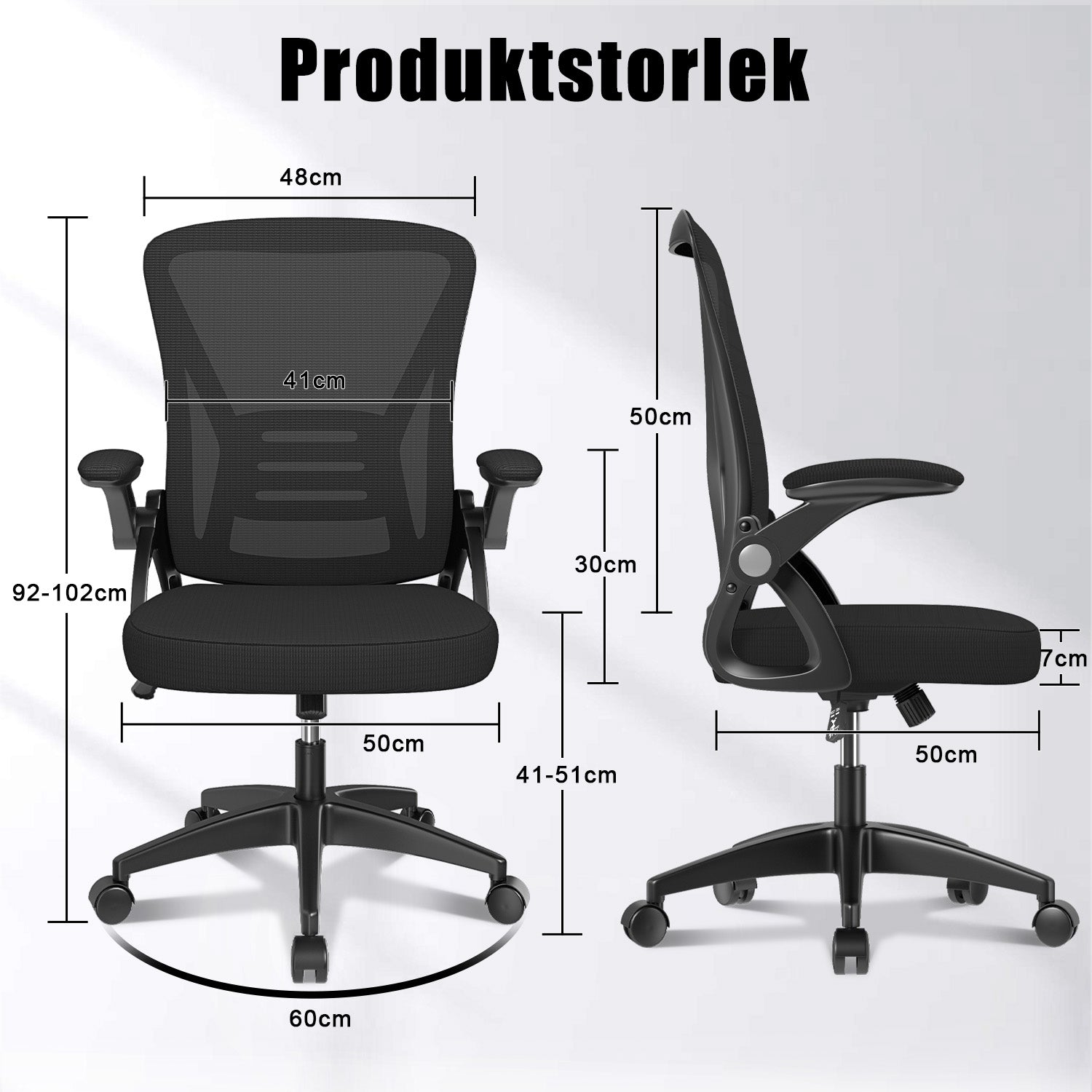 Kontorsstol Ergonomisk Skrivbordsstol med 90° Uppfällbart Armstöd, Höjdjusterbar Kontorsbordsstol