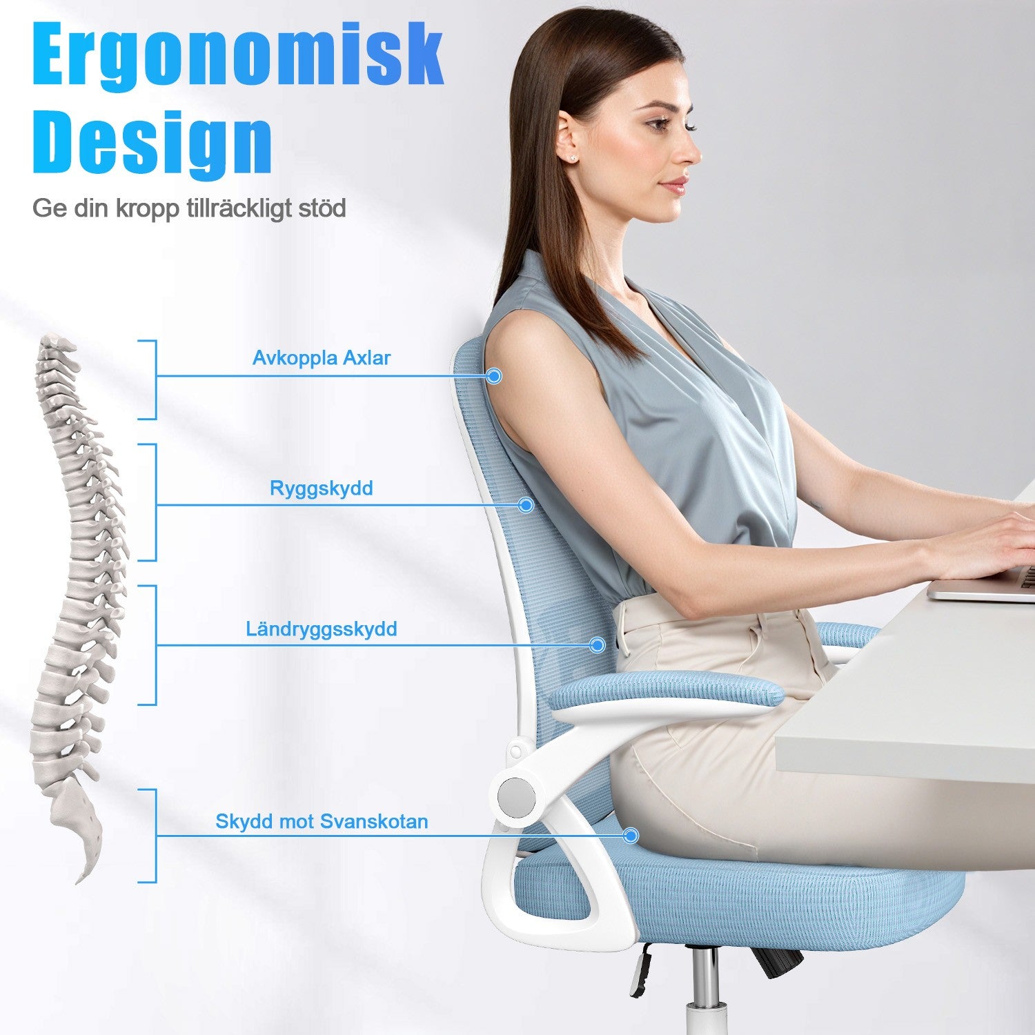 Kontorsstol Ergonomisk Skrivbordsstol med 90° Uppfällbart Armstöd, Höjdjusterbar Kontorsbordsstol