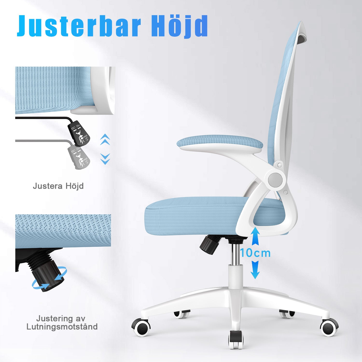 Kontorsstol Ergonomisk Skrivbordsstol med 90° Uppfällbart Armstöd, Höjdjusterbar Kontorsbordsstol