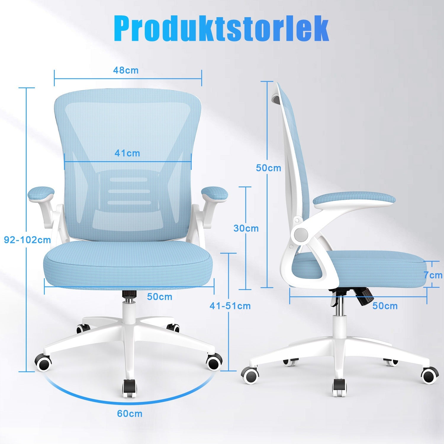 Kontorsstol Ergonomisk Skrivbordsstol med 90° Uppfällbart Armstöd, Höjdjusterbar Kontorsbordsstol