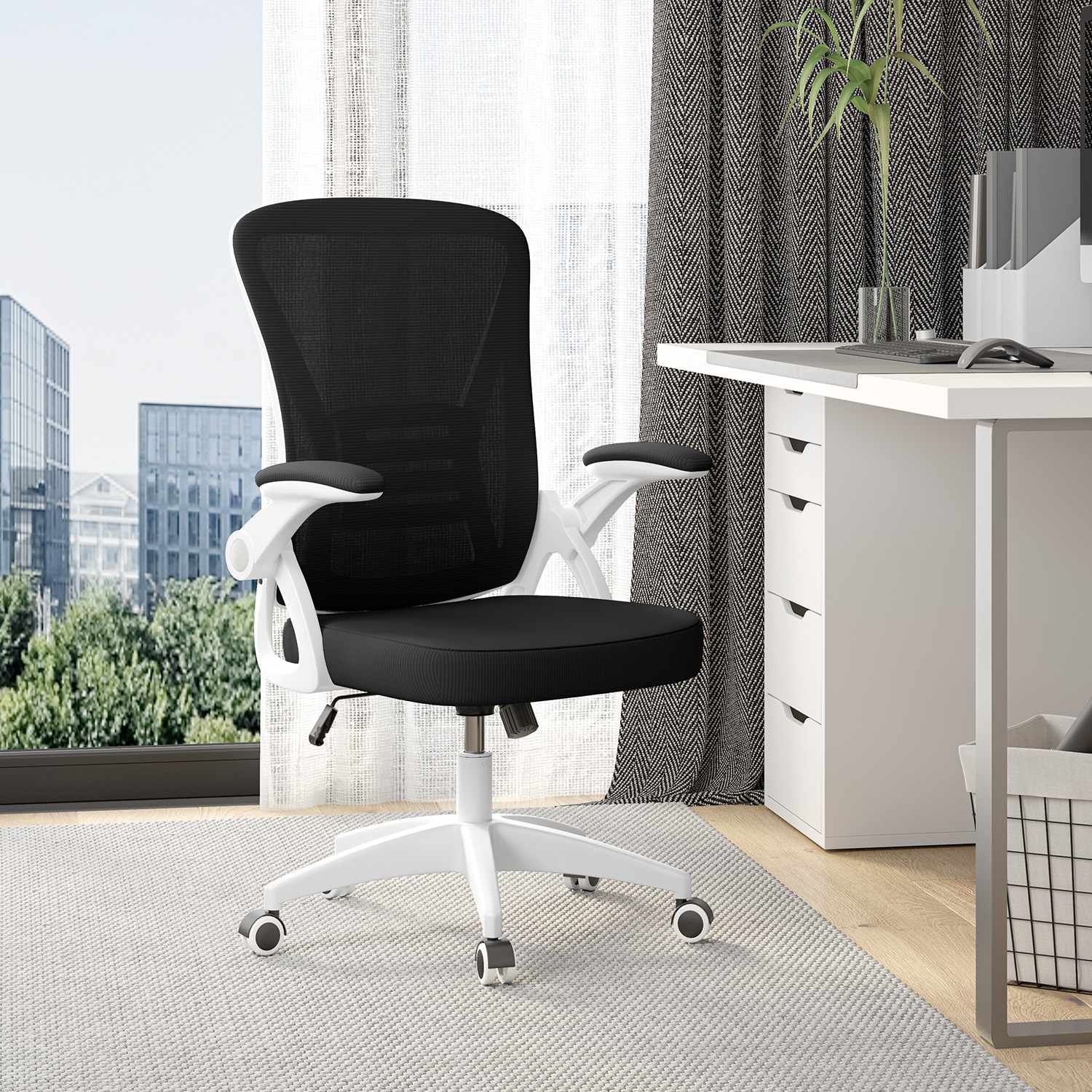 Kontorsstol Ergonomisk Skrivbordsstol med 90° Uppfällbart Armstöd, Höjdjusterbar Kontorsbordsstol