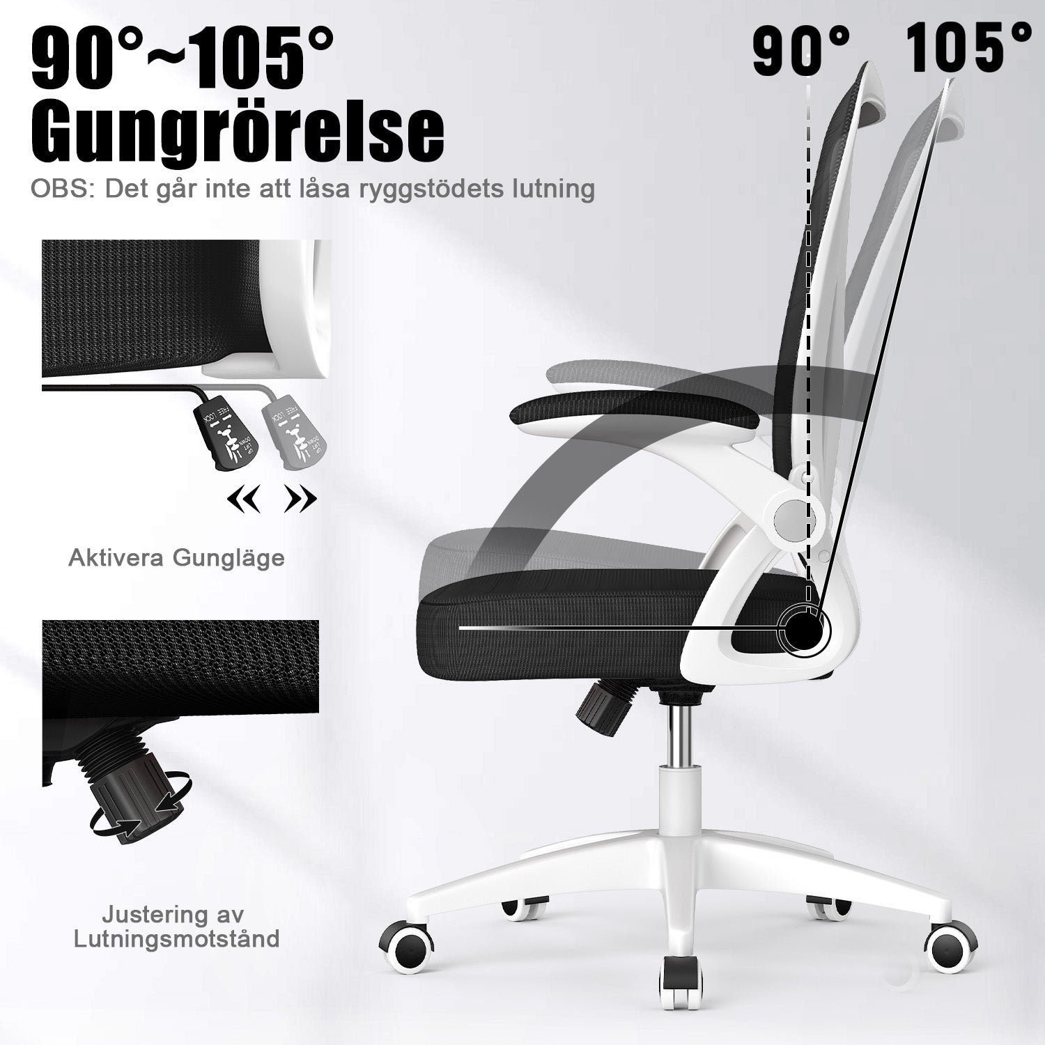 Kontorsstol Ergonomisk Skrivbordsstol med 90° Uppfällbart Armstöd, Höjdjusterbar Kontorsbordsstol