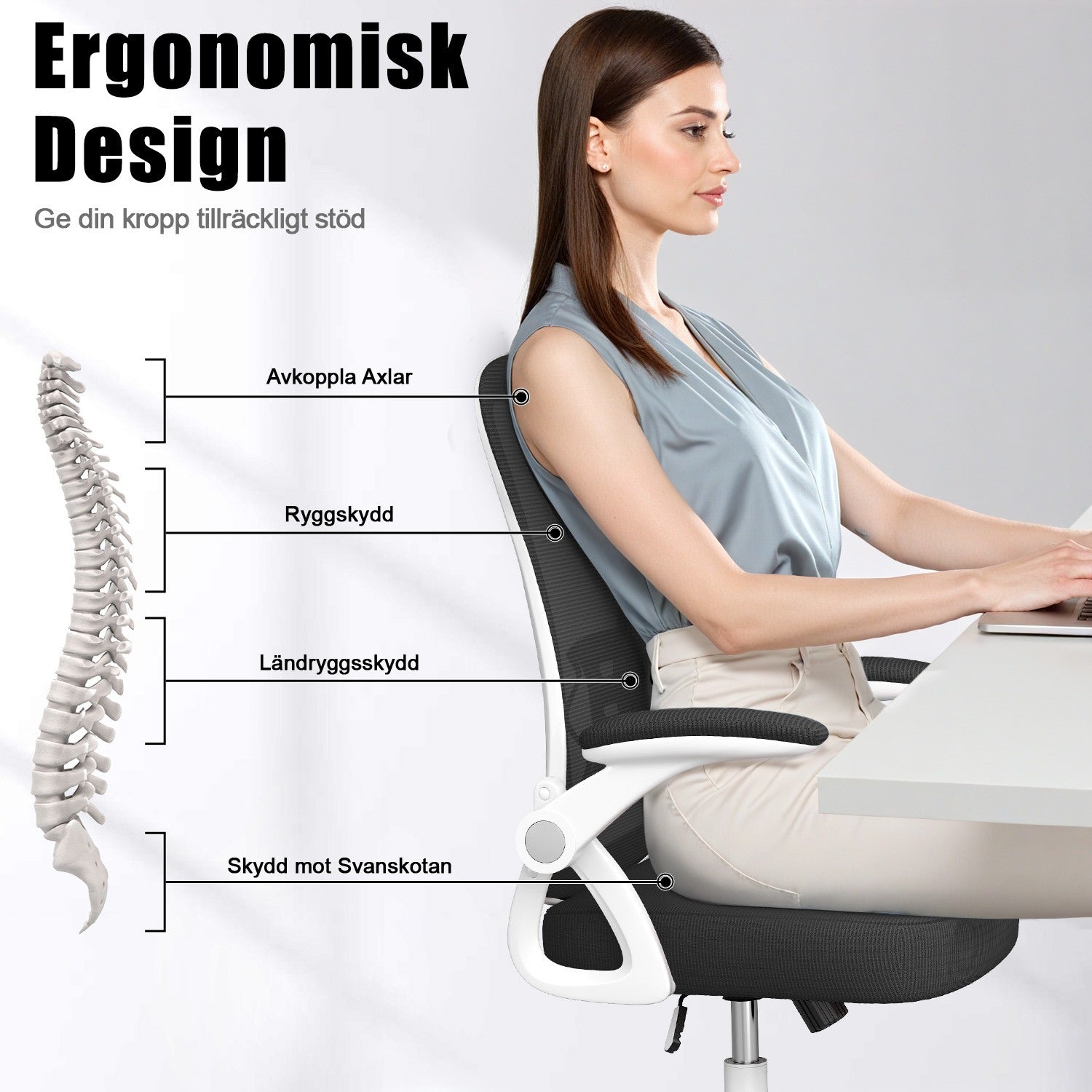 Kontorsstol Ergonomisk Skrivbordsstol med 90° Uppfällbart Armstöd, Höjdjusterbar Kontorsbordsstol