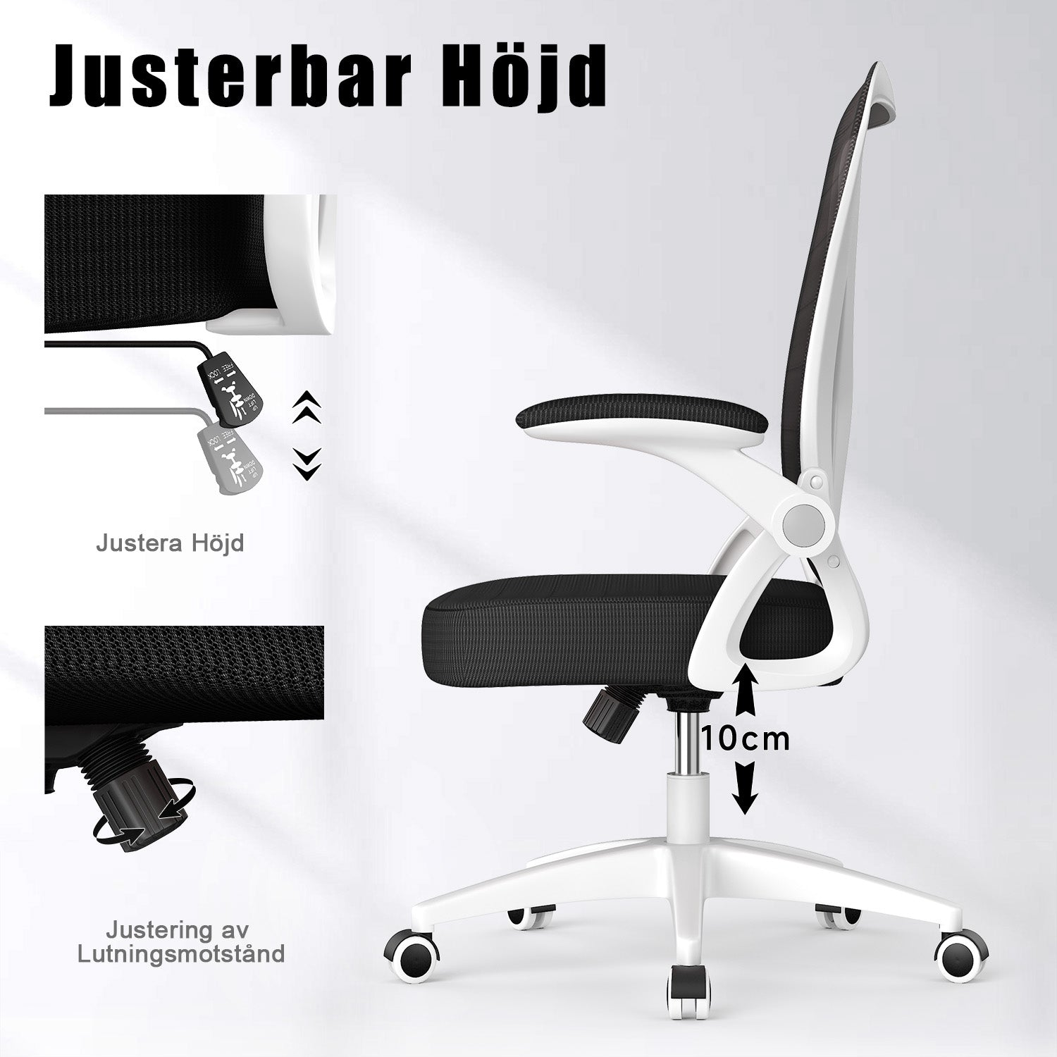 Kontorsstol Ergonomisk Skrivbordsstol med 90° Uppfällbart Armstöd, Höjdjusterbar Kontorsbordsstol