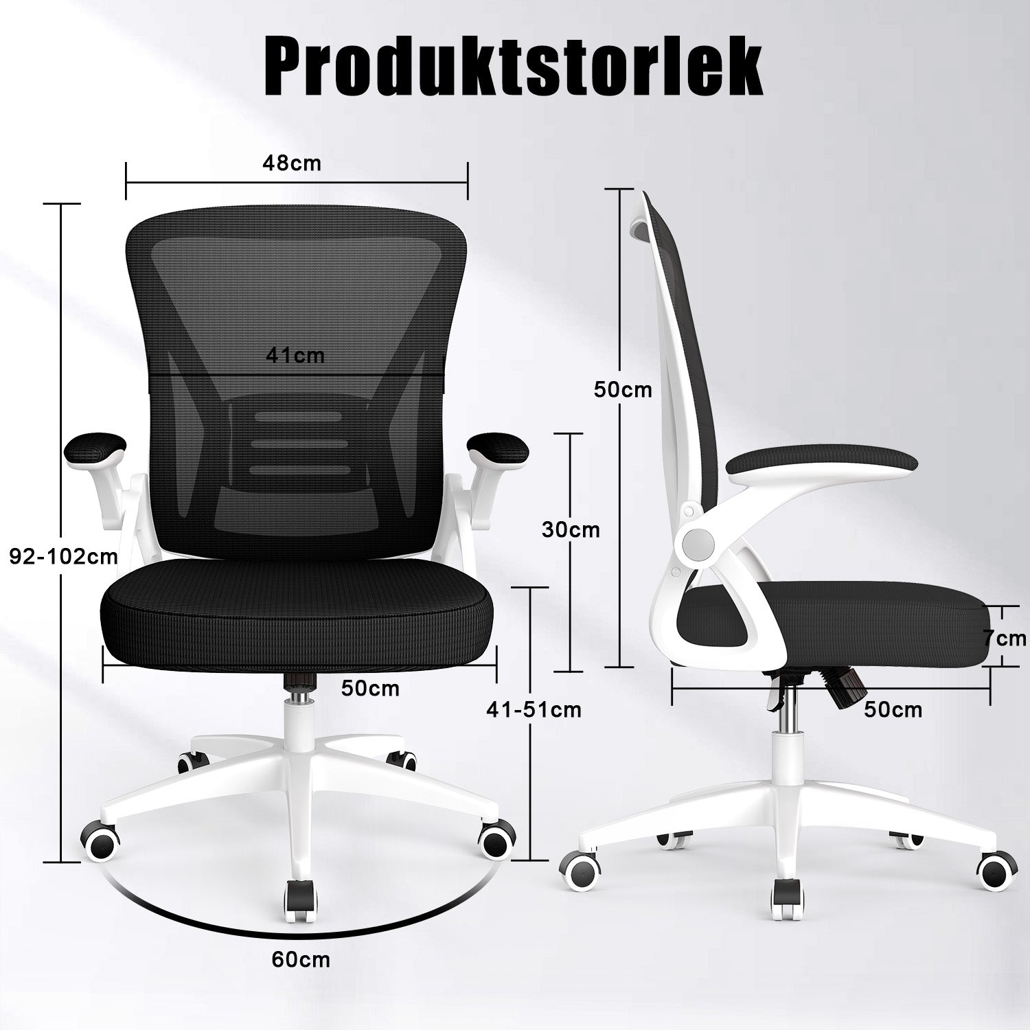 Kontorsstol Ergonomisk Skrivbordsstol med 90° Uppfällbart Armstöd, Höjdjusterbar Kontorsbordsstol