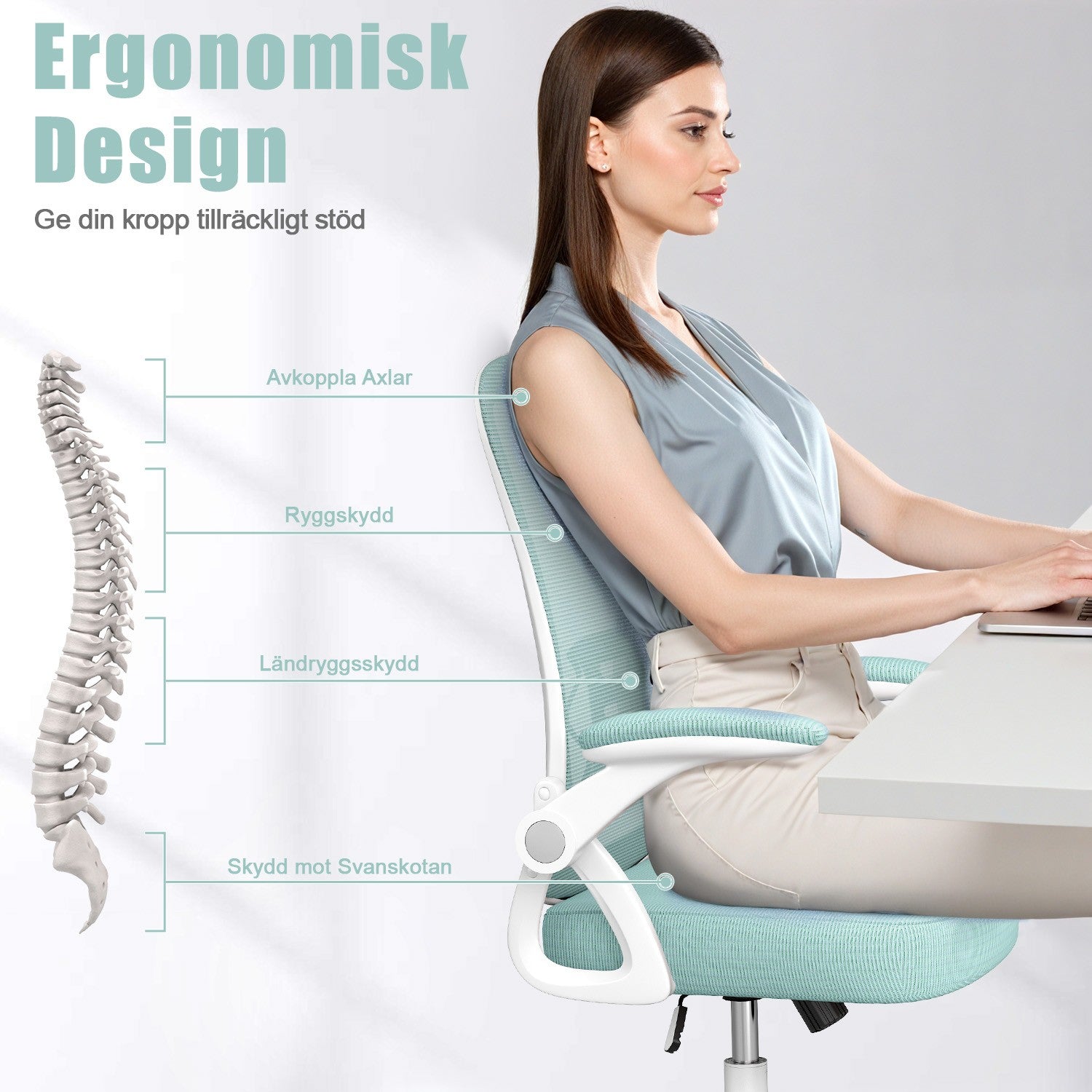 Kontorsstol Ergonomisk Skrivbordsstol med 90° Uppfällbart Armstöd, Höjdjusterbar Kontorsbordsstol