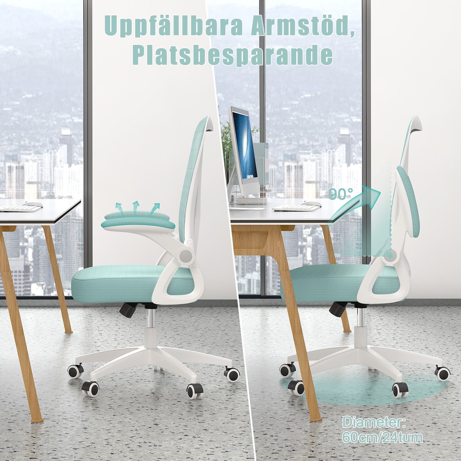 Kontorsstol Ergonomisk Skrivbordsstol med 90° Uppfällbart Armstöd, Höjdjusterbar Kontorsbordsstol