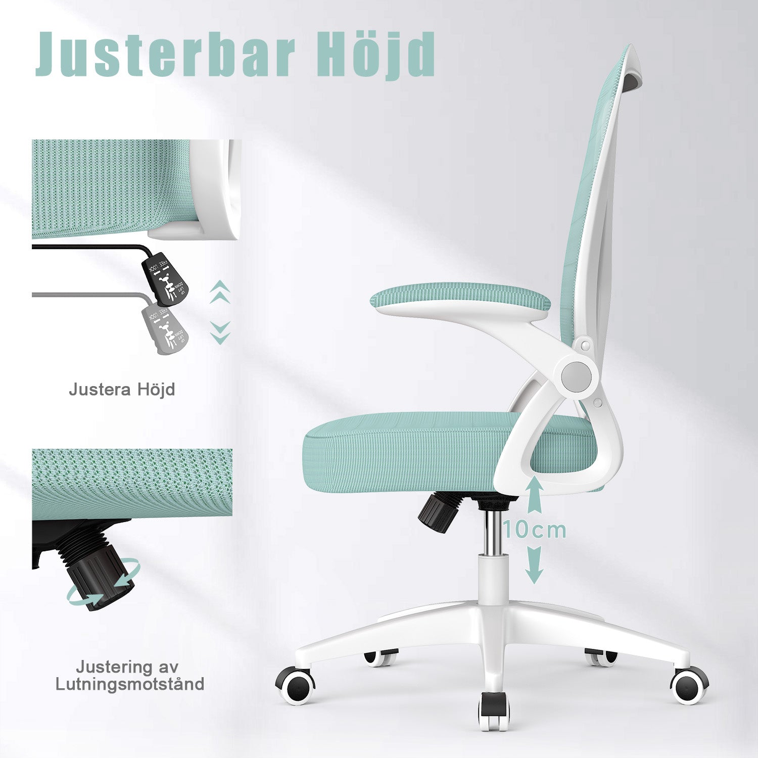 Kontorsstol Ergonomisk Skrivbordsstol med 90° Uppfällbart Armstöd, Höjdjusterbar Kontorsbordsstol