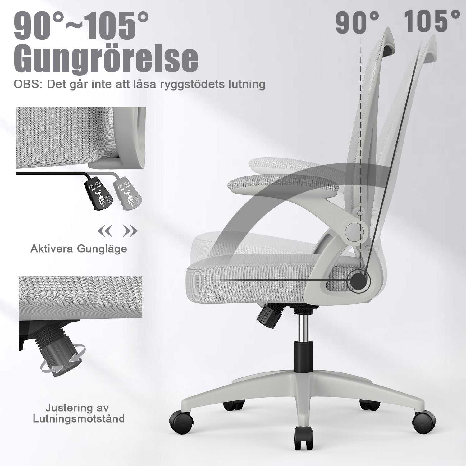 Kontorsstol Ergonomisk Skrivbordsstol med 90° Uppfällbart Armstöd, Höjdjusterbar Kontorsbordsstol