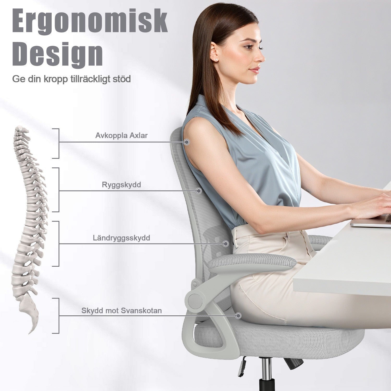 Kontorsstol Ergonomisk Skrivbordsstol med 90° Uppfällbart Armstöd, Höjdjusterbar Kontorsbordsstol