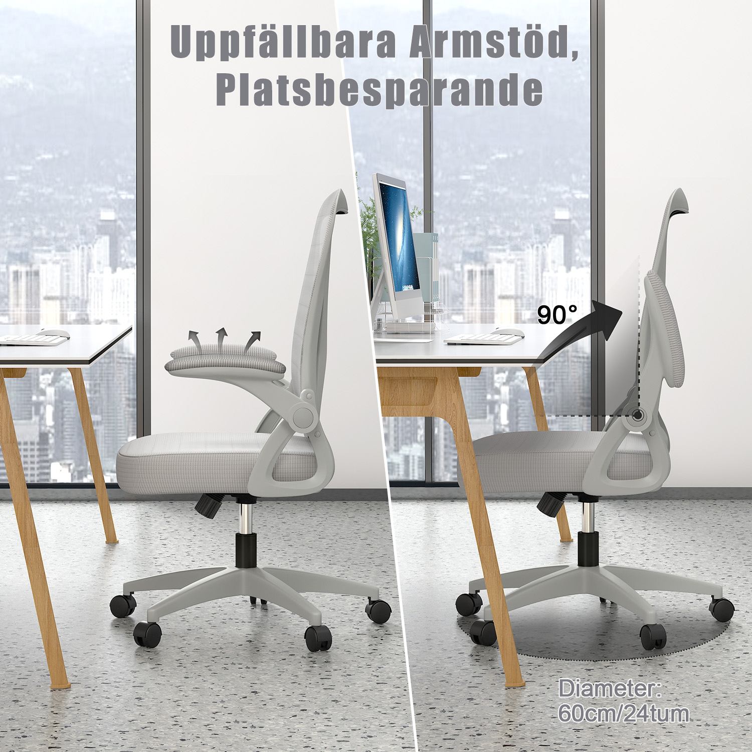 Kontorsstol Ergonomisk Skrivbordsstol med 90° Uppfällbart Armstöd, Höjdjusterbar Kontorsbordsstol