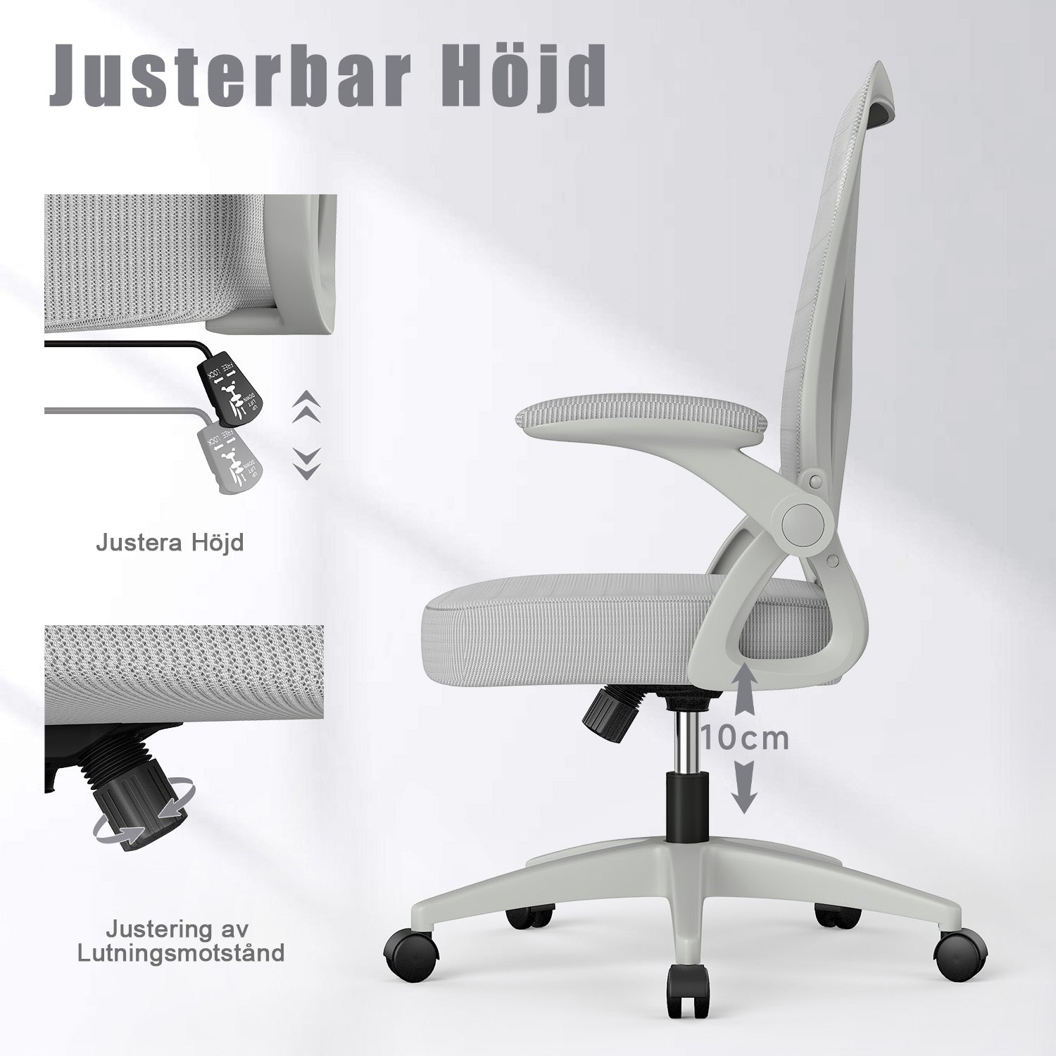Kontorsstol Ergonomisk Skrivbordsstol med 90° Uppfällbart Armstöd, Höjdjusterbar Kontorsbordsstol