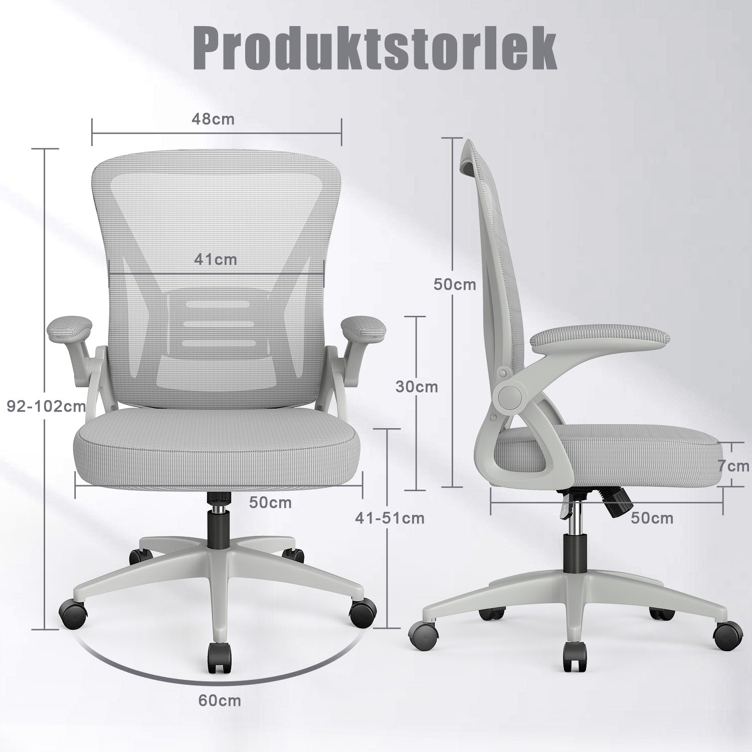 Kontorsstol Ergonomisk Skrivbordsstol med 90° Uppfällbart Armstöd, Höjdjusterbar Kontorsbordsstol