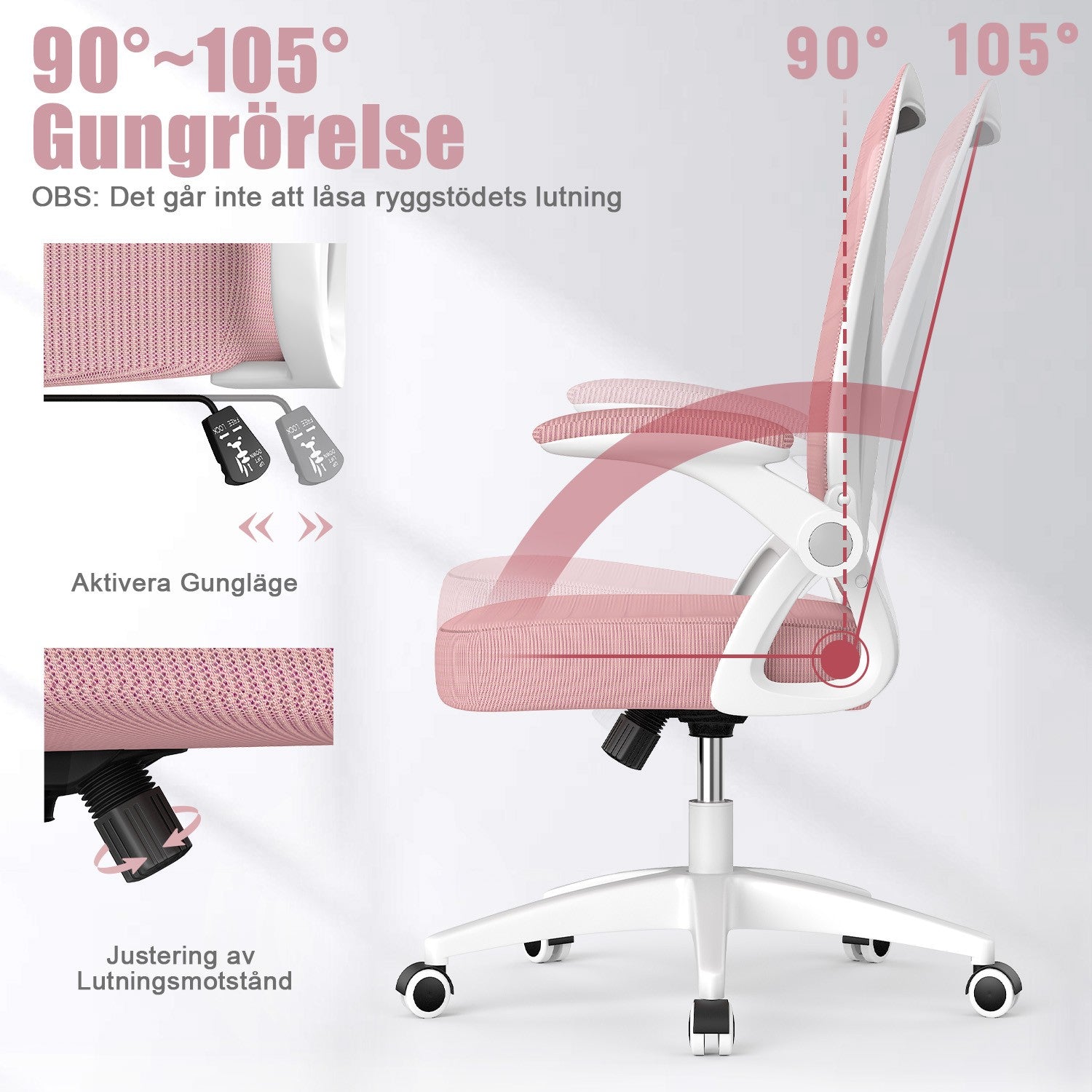 Kontorsstol Ergonomisk Skrivbordsstol med 90° Uppfällbart Armstöd, Höjdjusterbar Kontorsbordsstol