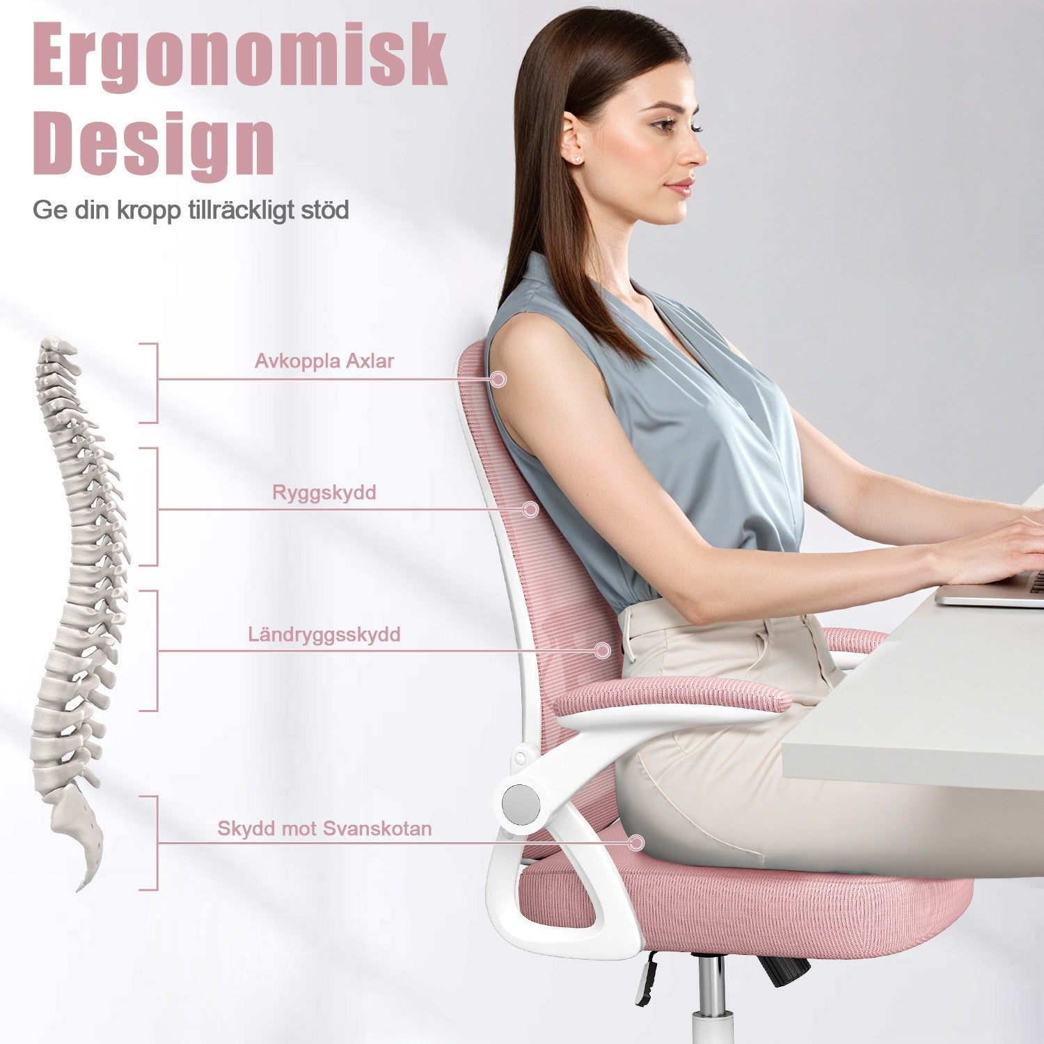 Kontorsstol Ergonomisk Skrivbordsstol med 90° Uppfällbart Armstöd, Höjdjusterbar Kontorsbordsstol