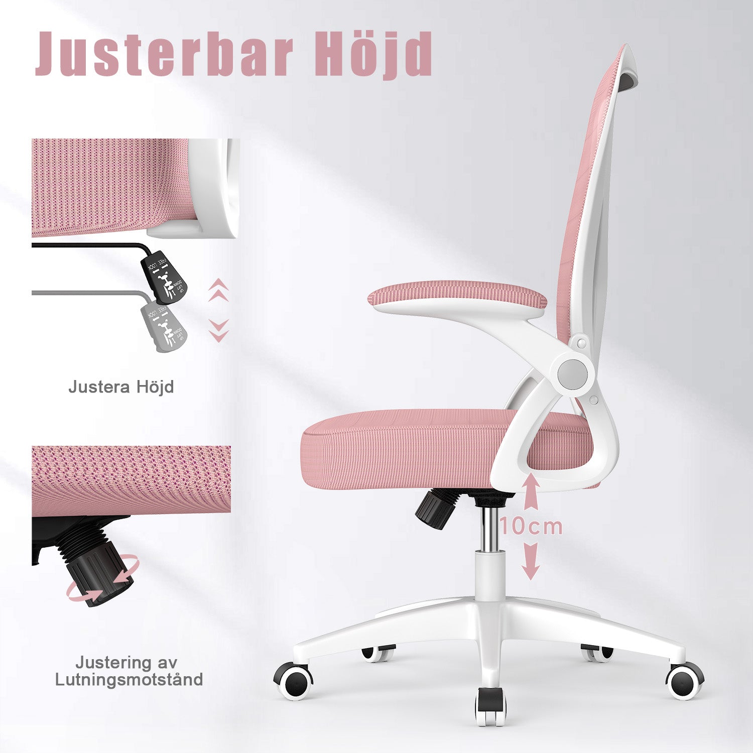 Kontorsstol Ergonomisk Skrivbordsstol med 90° Uppfällbart Armstöd, Höjdjusterbar Kontorsbordsstol