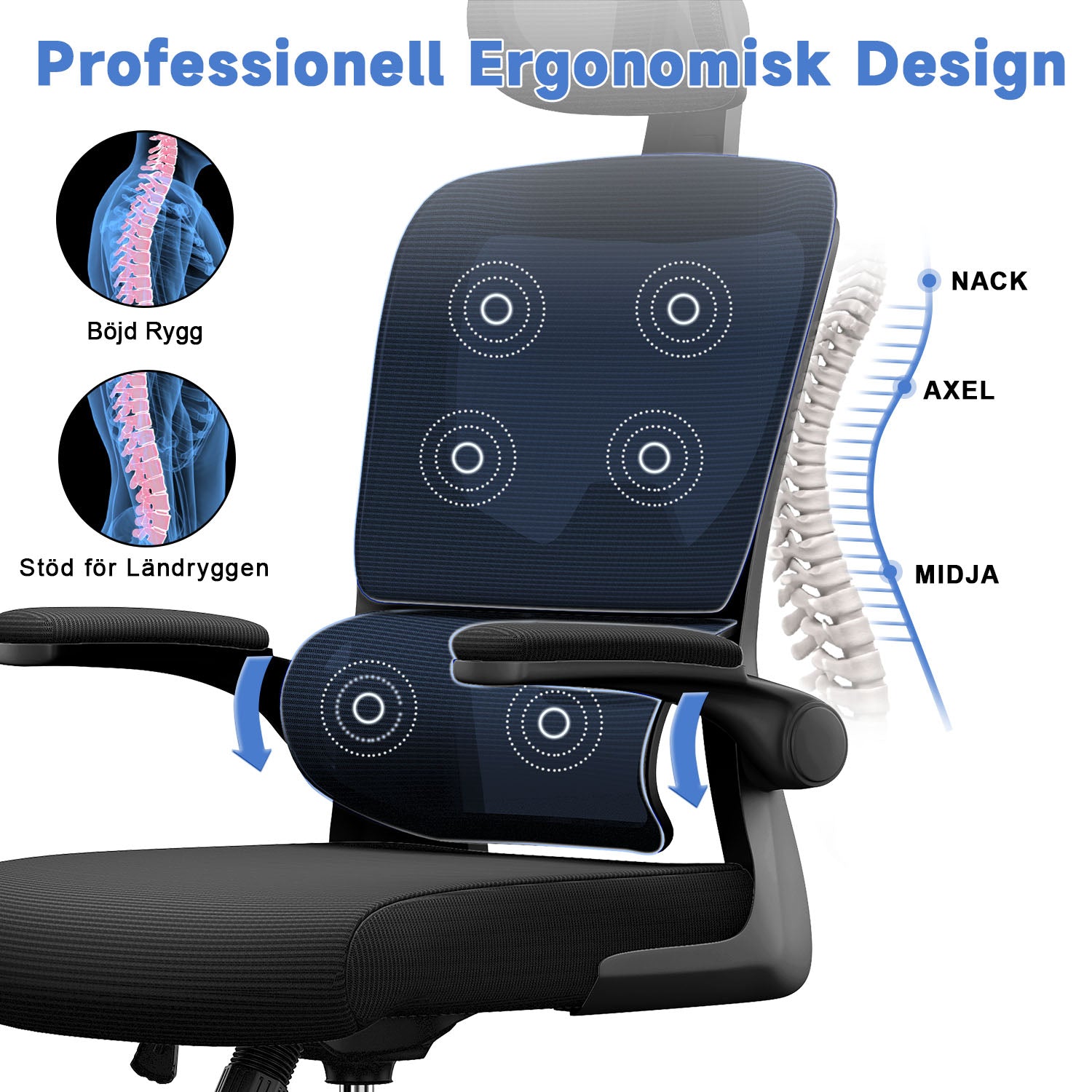 Kontorsstol Ergonomisk Skrivbordsstol, Vridbar Datorstol med Vadderad Sittdyna för Hem/Kontor, Maxbelastning 150kg