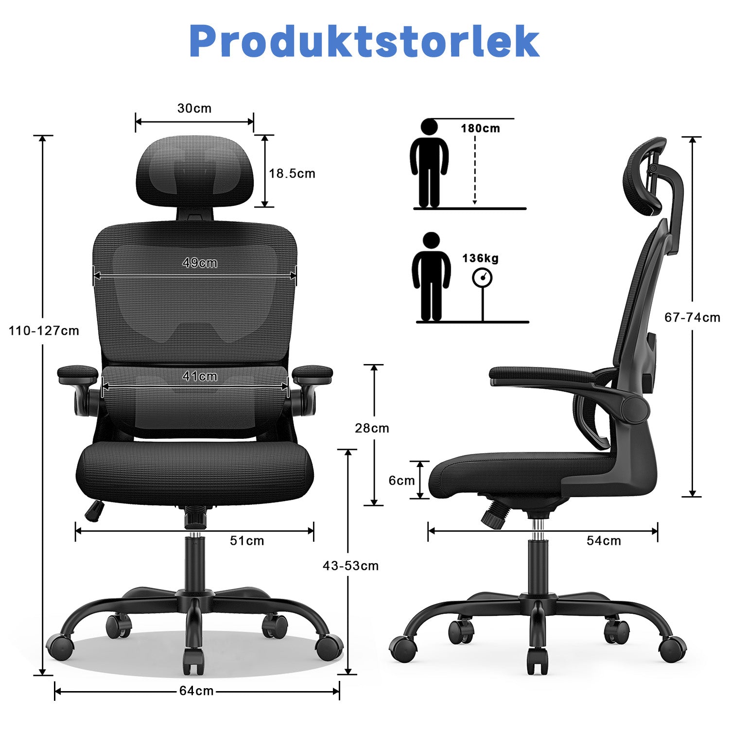 Kontorsstol Ergonomisk Skrivbordsstol, Vridbar Datorstol med Vadderad Sittdyna för Hem/Kontor, Maxbelastning 150kg