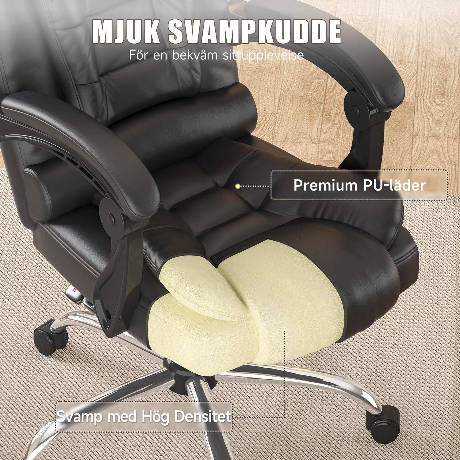 Ergonomisk Kontorsstol med Hög Rygg och PU-läder, Datorbordsstol med Lutningsfunktion för Hemmakontor
