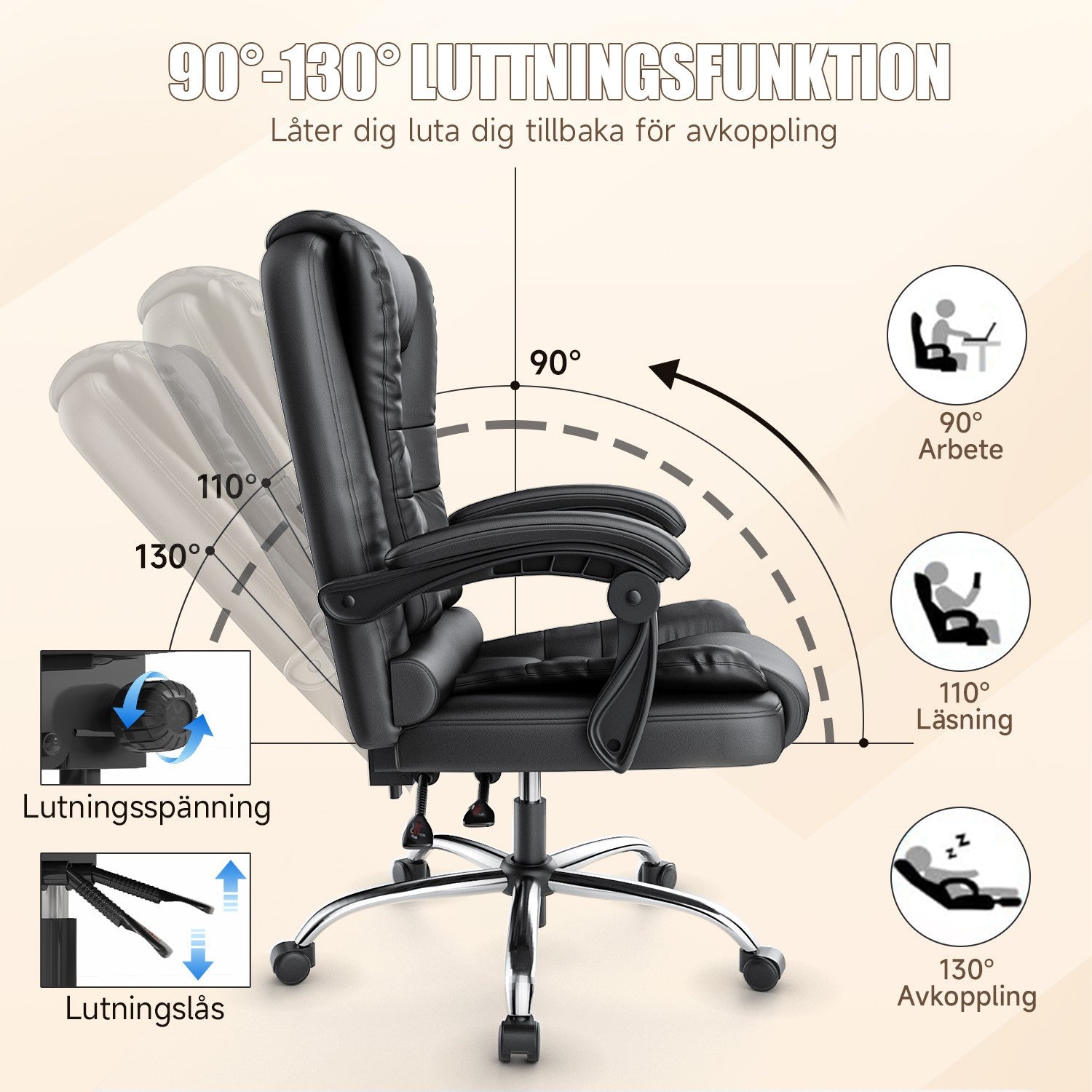 Ergonomisk Kontorsstol med Hög Rygg och PU-läder, Datorbordsstol med Lutningsfunktion för Hemmakontor