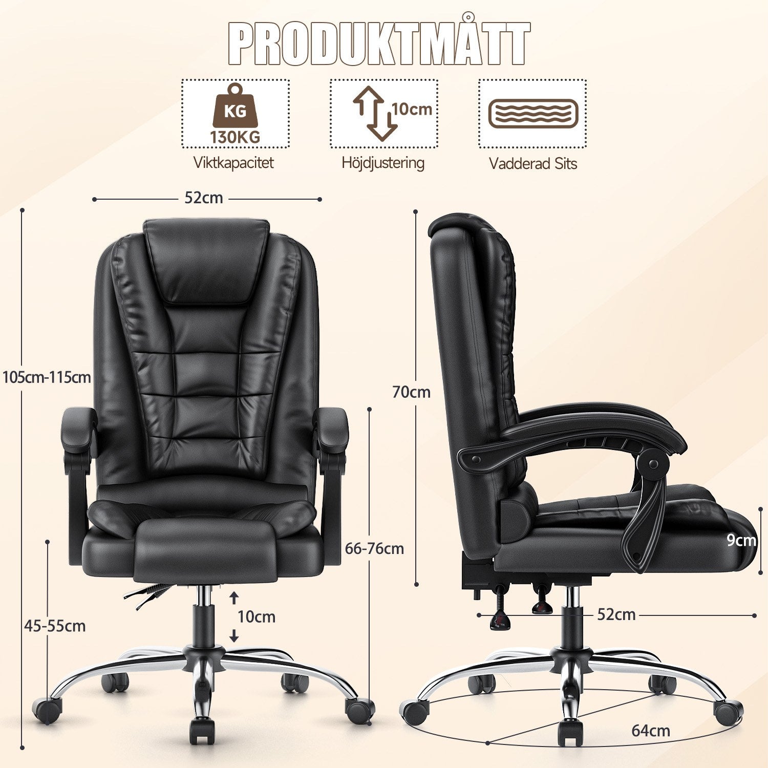 Ergonomisk Kontorsstol med Hög Rygg och PU-läder, Datorbordsstol med Lutningsfunktion för Hemmakontor