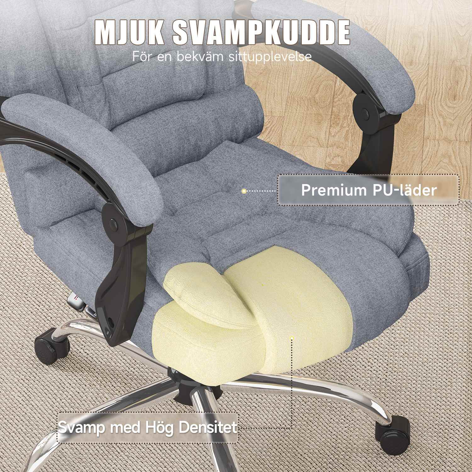 Ergonomisk Kontorsstol med Hög Rygg och PU-läder, Datorbordsstol med Lutningsfunktion för Hemmakontor