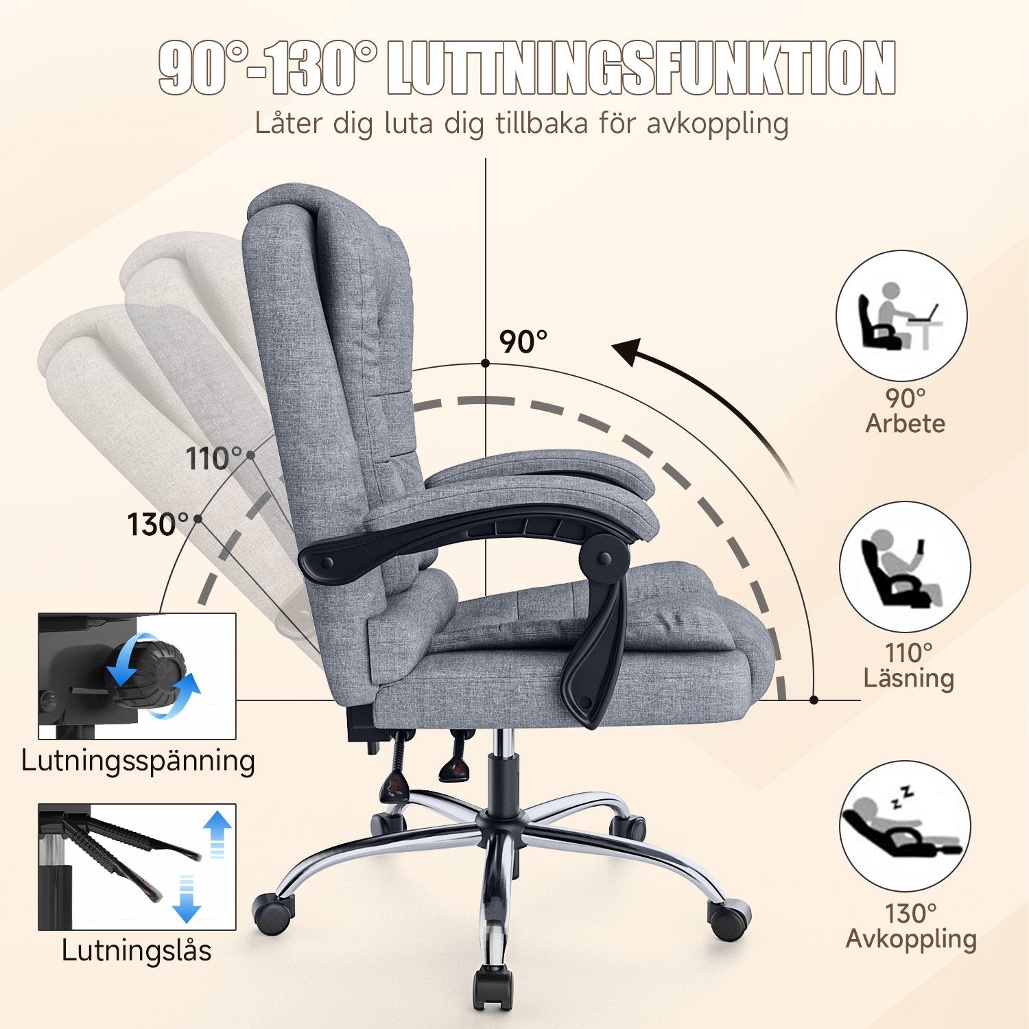 Ergonomisk Kontorsstol med Hög Rygg och PU-läder, Datorbordsstol med Lutningsfunktion för Hemmakontor