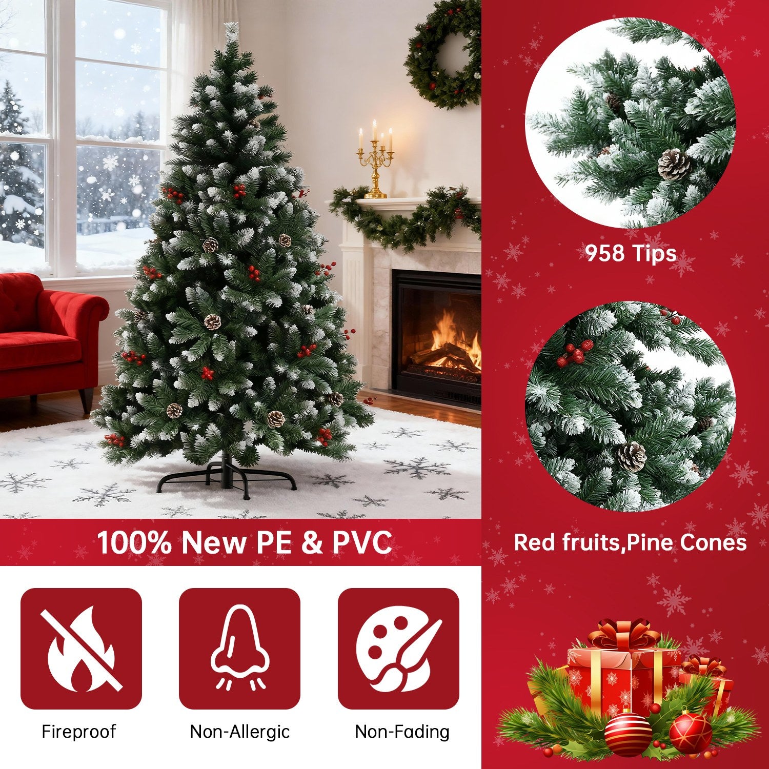 Konstgjord Julgran, Vikbar Flockad Julgran med Metallstativ