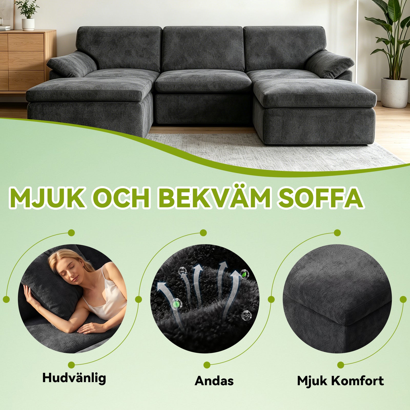 5-Sits U-formad Sektionssoffa Bekväm Modulär Soffa, Fri Kombination