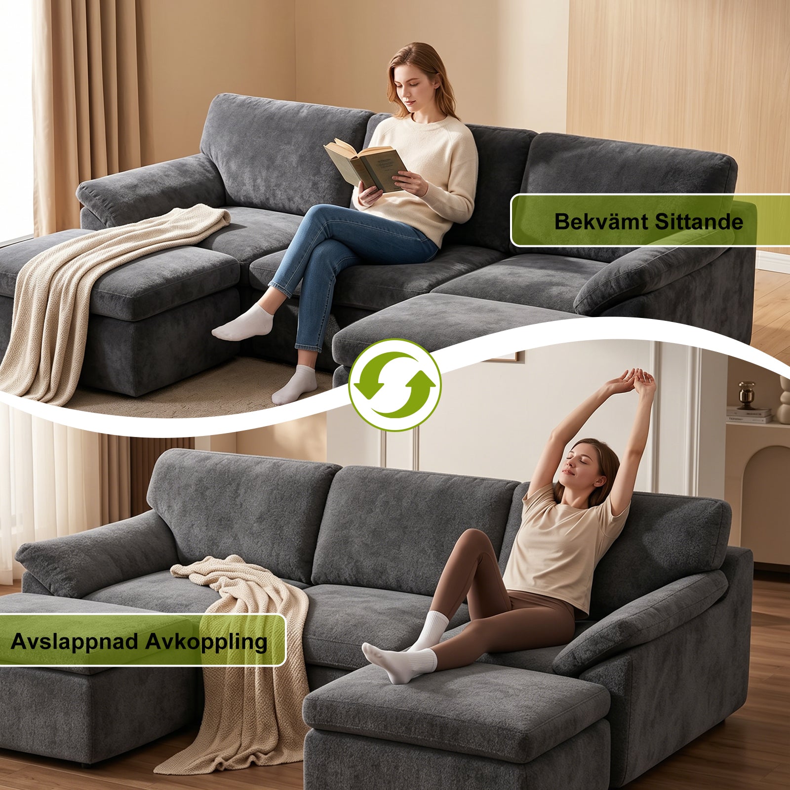5-Sits U-formad Sektionssoffa Bekväm Modulär Soffa, Fri Kombination