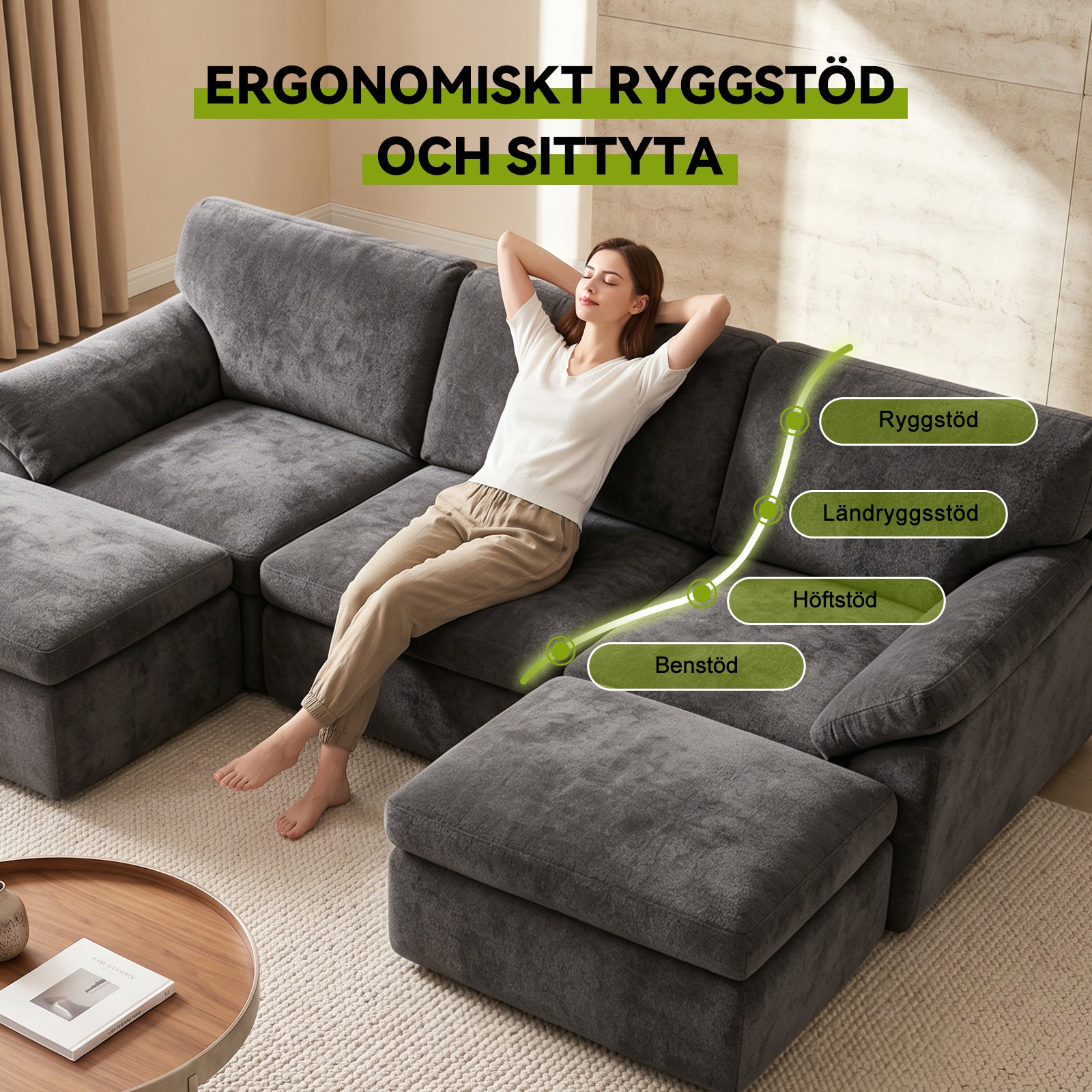5-Sits U-formad Sektionssoffa Bekväm Modulär Soffa, Fri Kombination
