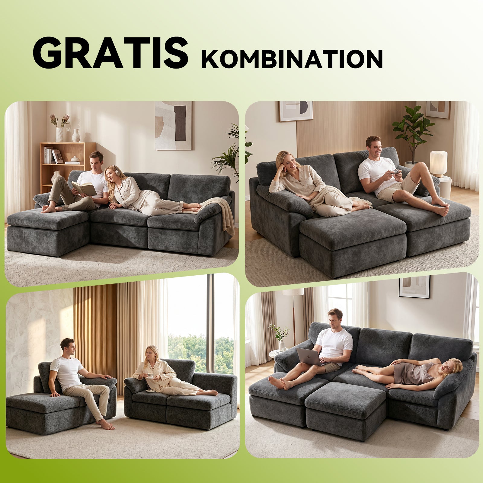 5-Sits U-formad Sektionssoffa Bekväm Modulär Soffa, Fri Kombination