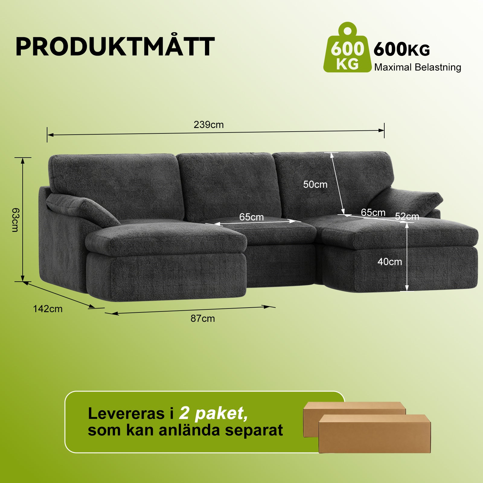 5-Sits U-formad Sektionssoffa Bekväm Modulär Soffa, Fri Kombination