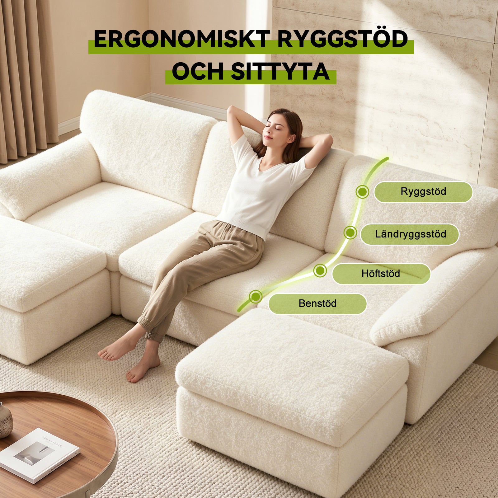 5-Sits U-formad Sektionssoffa Bekväm Modulär Soffa, Fri Kombination