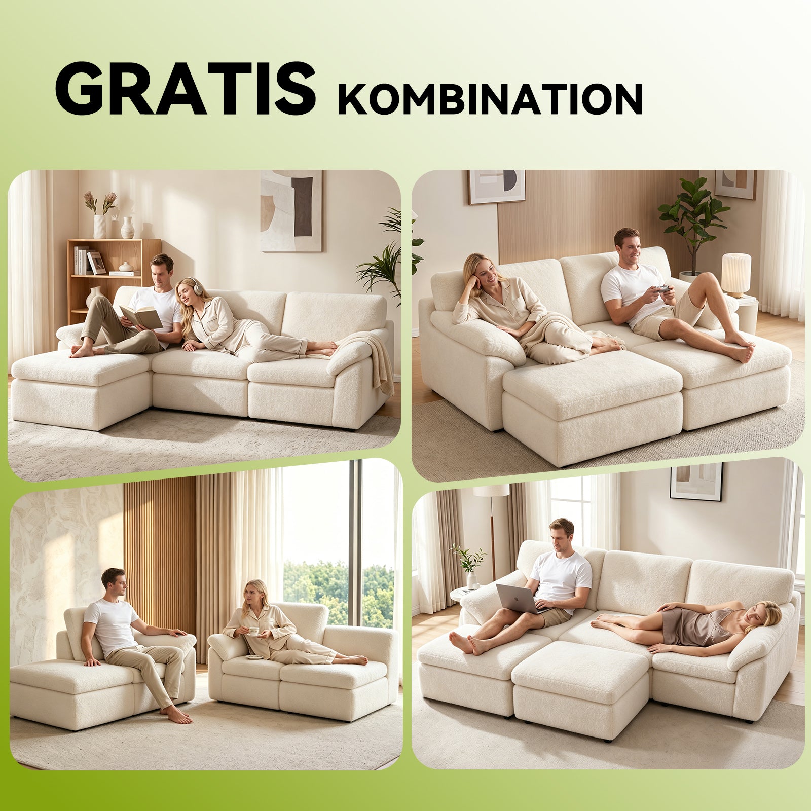 5-Sits U-formad Sektionssoffa Bekväm Modulär Soffa, Fri Kombination